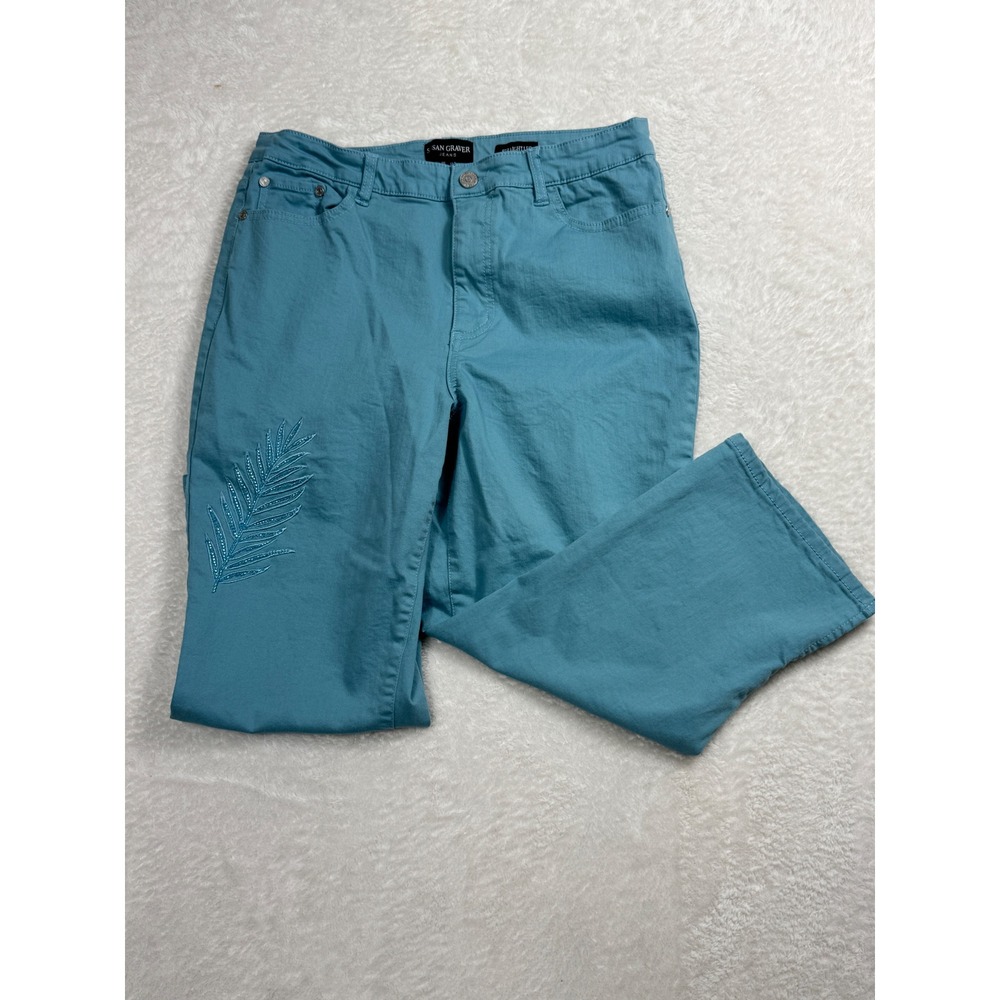 Susan Graver Jeans Women's 12 Teal Blue Embroidered‎ Palm Leaf Straight Leg Crop